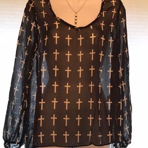 Black/White Sheer Blouse with Crosses NWT